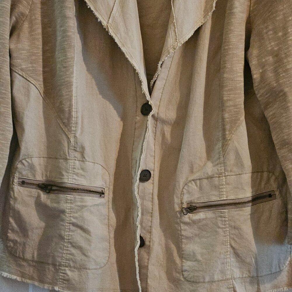 Zenergy Chico's Oatmeal stretch Minamalist Beige 3/4 Sleeve cotton crop Jacket L - Picture 4 of 7